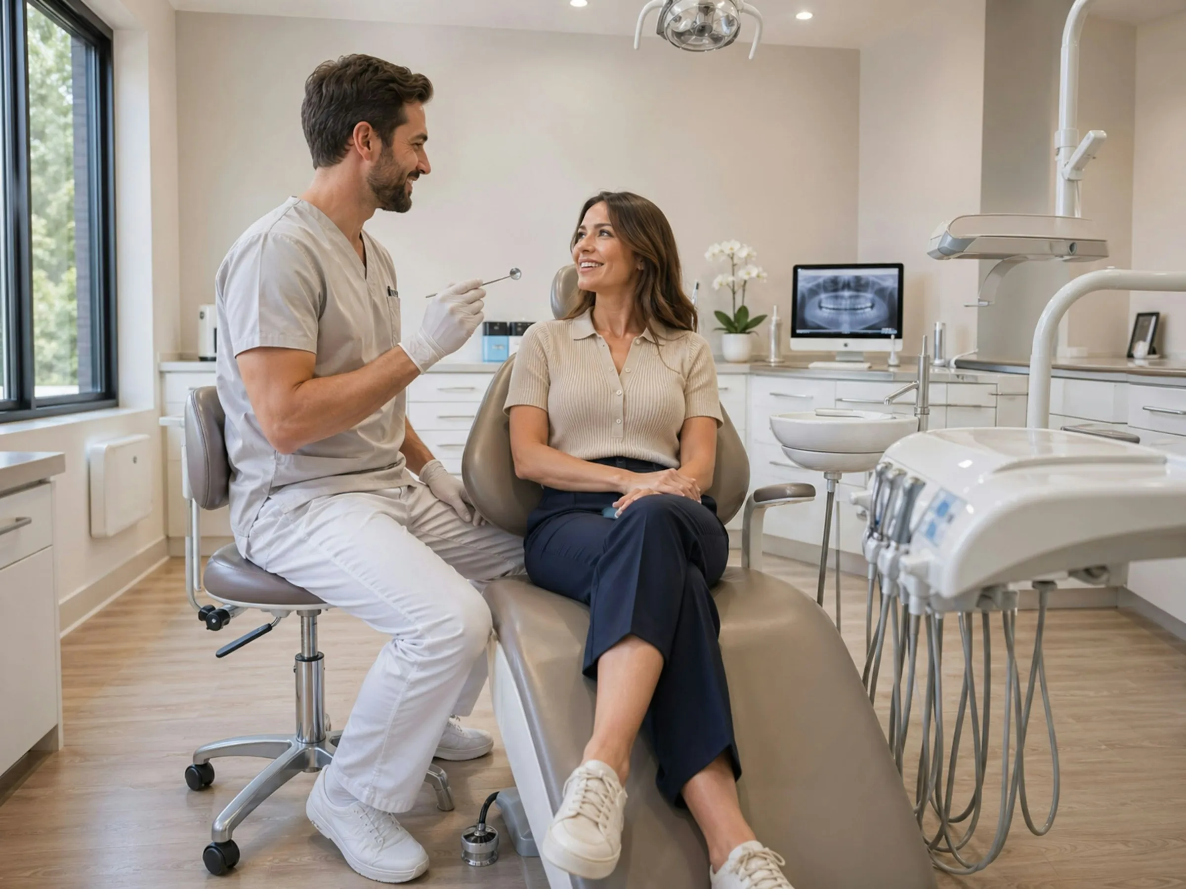 Relaxed patient in the dental chair, talking with the dentist